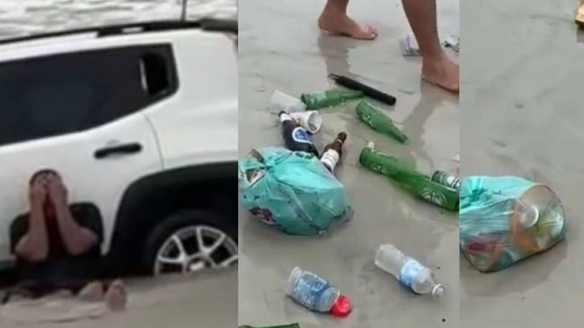 Vídeo Banhista mostra praia de Salinas tomada por lixo e carro atolado