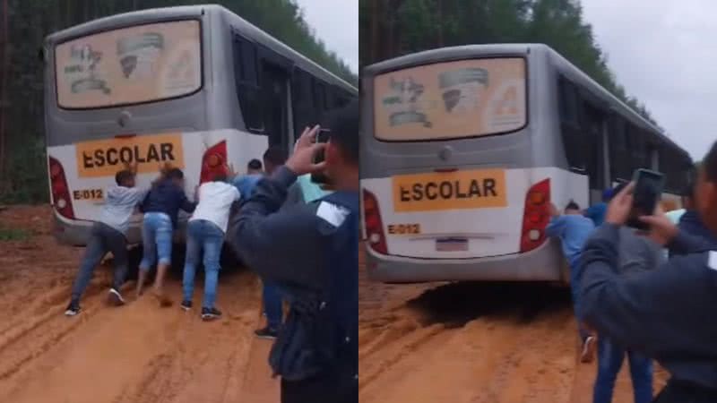 VÍDEO Estudantes empurram ônibus escolar atolado na lama em cidade baiana