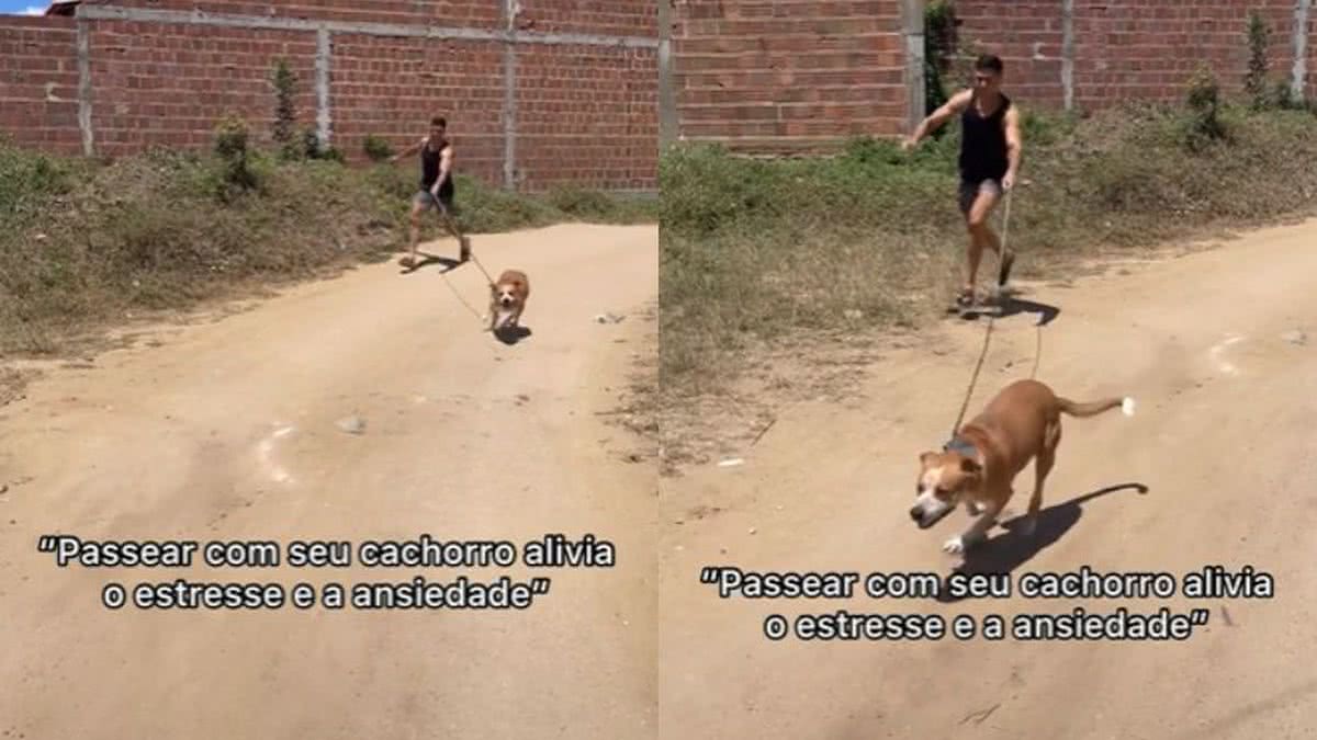 Homem é arrastado por cachorro durante passeio e viraliza em rede social;  veja