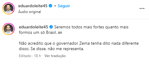 Imagem: Print da descrição da publicação de Eduardo Leite no Instagram